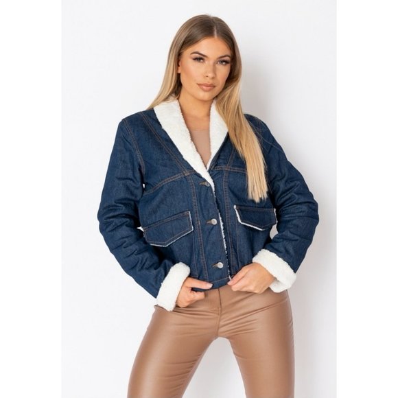 Blue Denim Jeans Long Sleeve Teddy Bear Fur Lined Biker Jacket - Picture 6 of 13